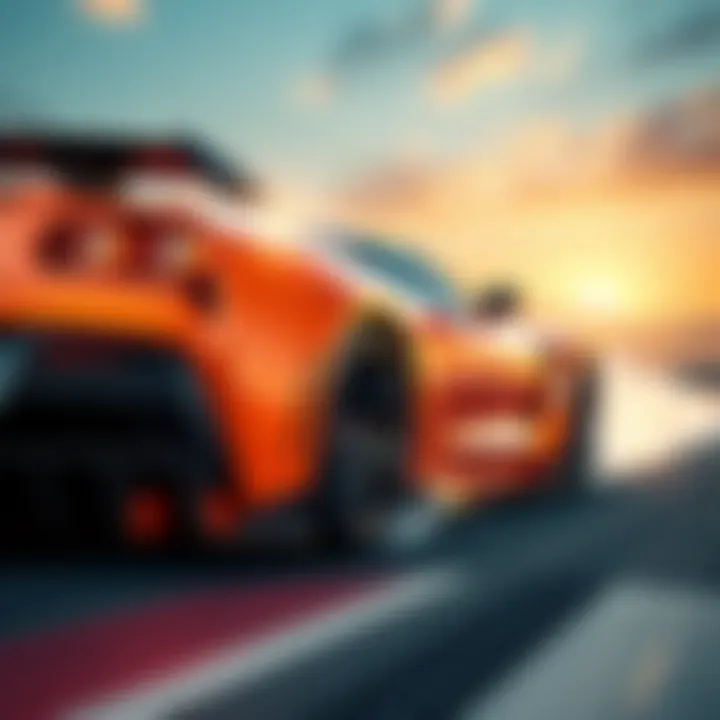 A powerful sports car in motion on a racetrack, emphasizing its performance capabilities