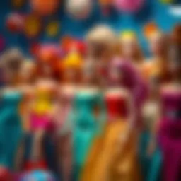 Colorful Barbie dolls displayed in a vibrant setting