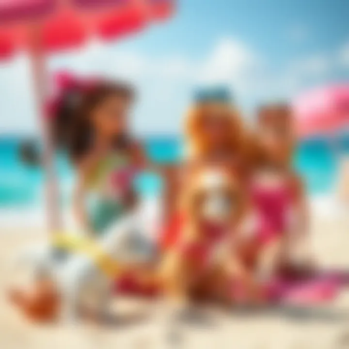 A creative scene with Barbie and her pets on a beach
