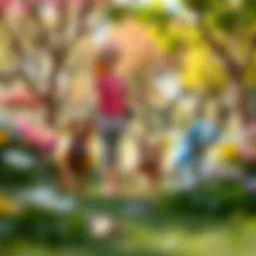 Barbie and her dogs exploring a vibrant park