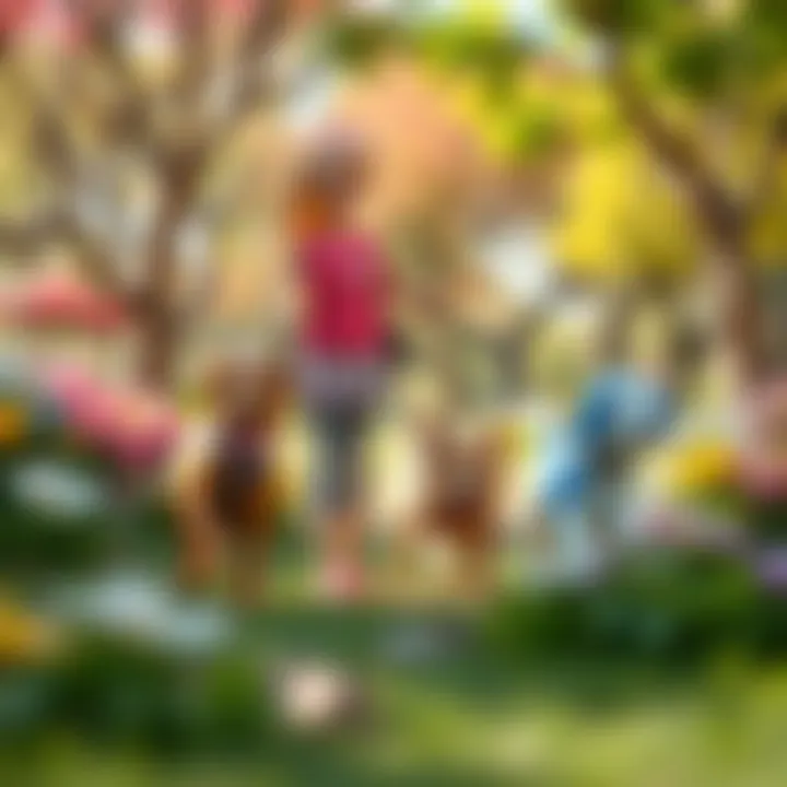 Barbie and her dogs exploring a vibrant park