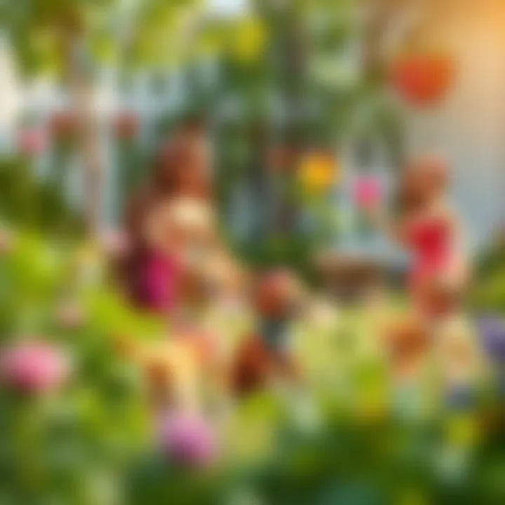 A joyful moment of Barbie playing with her dogs in a garden