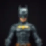 A detailed Batman costume displayed against a dark background