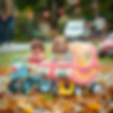 Children playing with toy baby carriages, enhancing their creativity and motor skills.