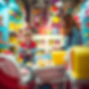 A family shopping for toy baby carriages in a vibrant toy store.