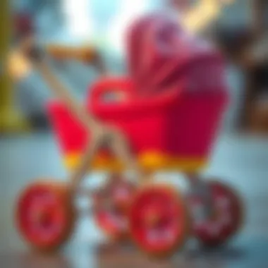 A close-up view of a toy baby carriage highlighting safety features and quality.