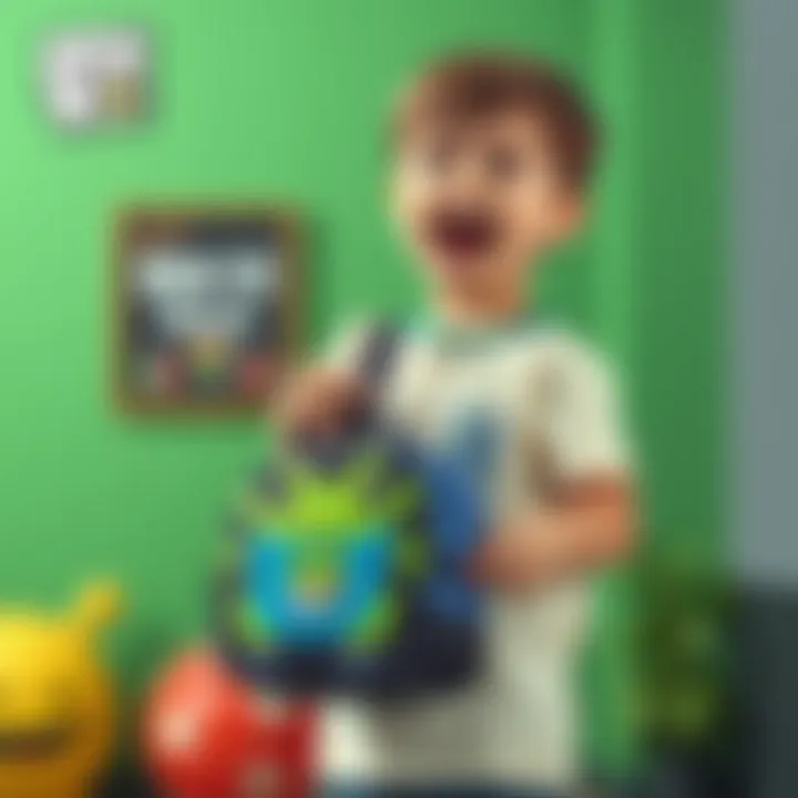 A child excitedly holding a Ben 10 themed lunch bag