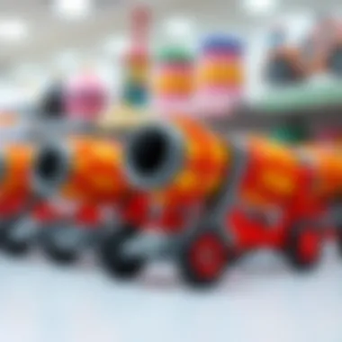 Various toy concrete mixers on display