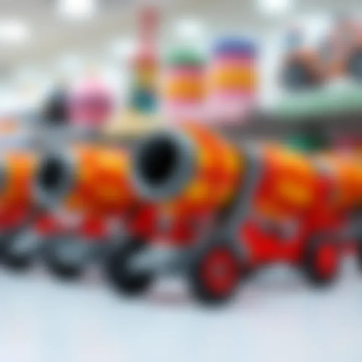 Various toy concrete mixers on display