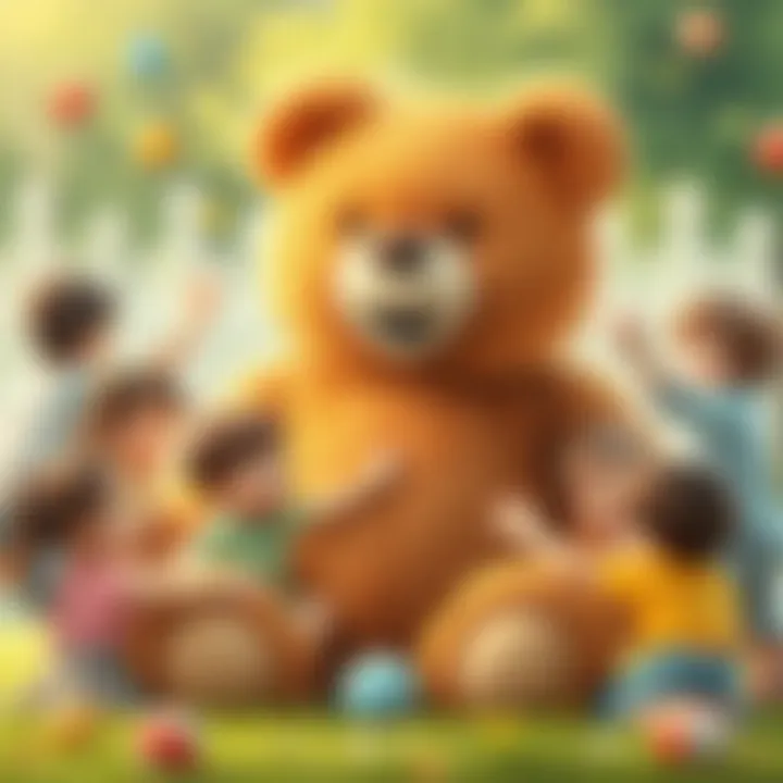 Joyful Playtime with Teddy Bear A large teddy bear surrounded by children playing joyfully
