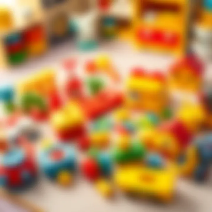 A vibrant array of educational toys laid out on a play mat.