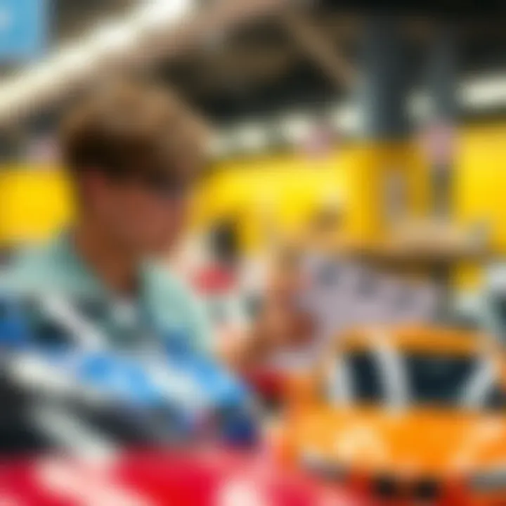 An adult reading safety standards while examining BMW toy cars