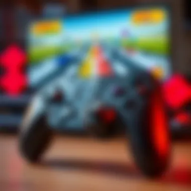 Close-up of a gaming controller with racing game interface