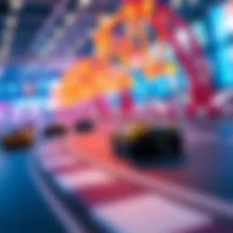 A vibrant scene of a virtual car racing track