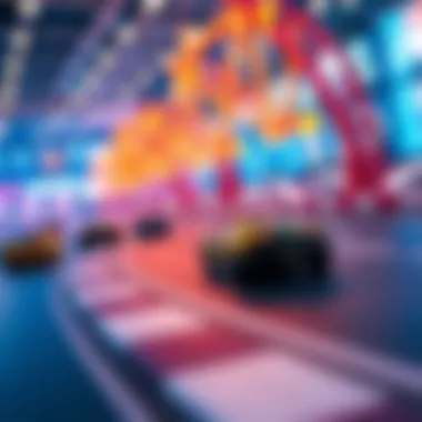A vibrant scene of a virtual car racing track