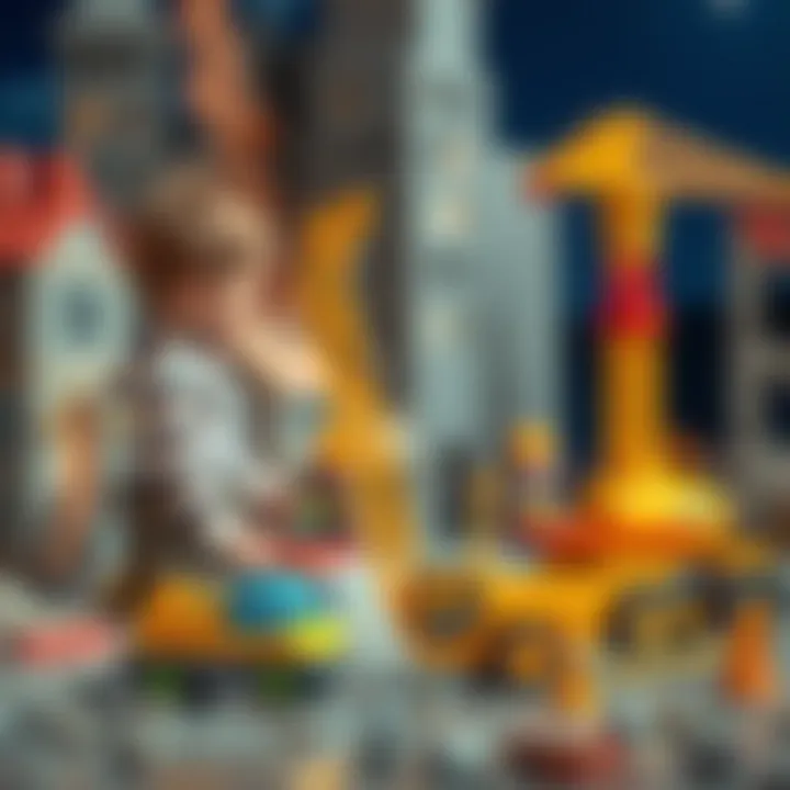 Child playing with a toy crane at a construction site