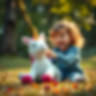 A child playing with a unicorn plush toy outdoors