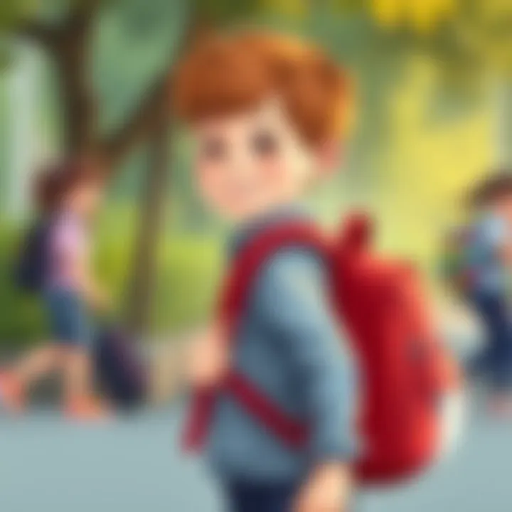 A child confidently wearing a red backpack while walking to school.