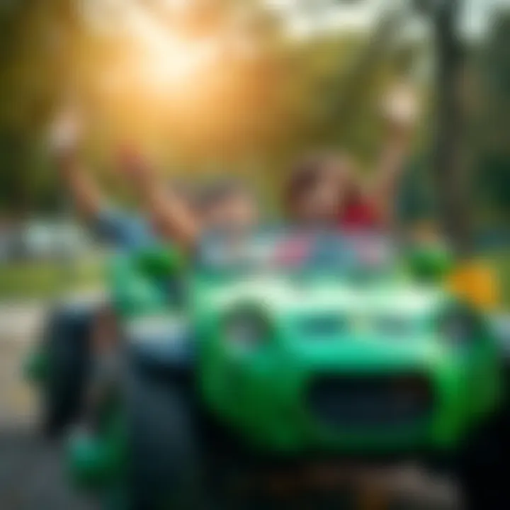 Children playing joyfully with a Hulk car in a park