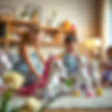 Joyful Playtime with Unicorn Companions Children playing with unicorn toys in a cozy living room