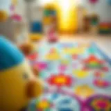 A vibrant and colorful children's rug showcasing various playful designs.