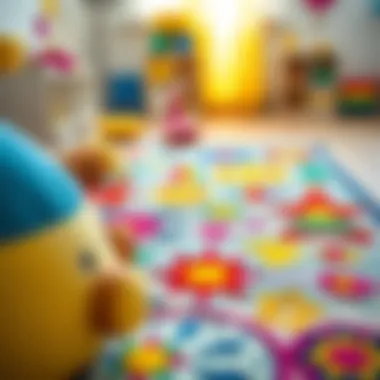 A vibrant and colorful children's rug showcasing various playful designs.