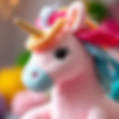 Close-up of a soft unicorn plush toy with vibrant colors
