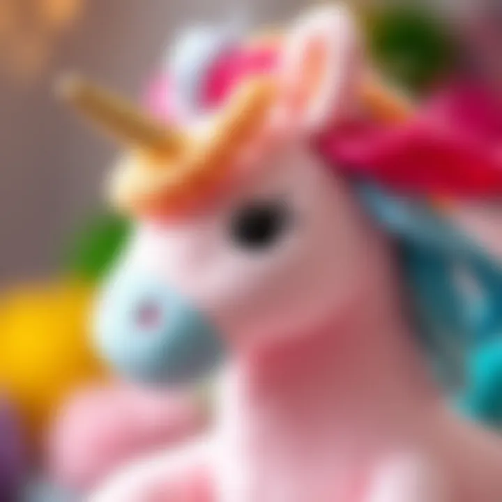 Close-up of a soft unicorn plush toy with vibrant colors