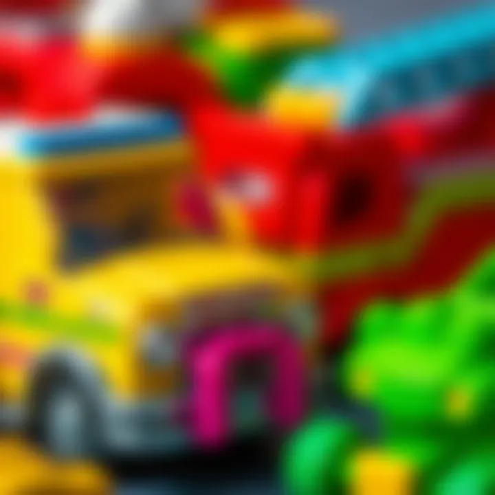 Close-up of colorful ambulance and fire truck toys