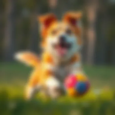 A dog playing fetch with a colorful ball