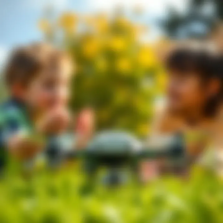 Children playing with toy drones in an outdoor setting, enjoying the experience