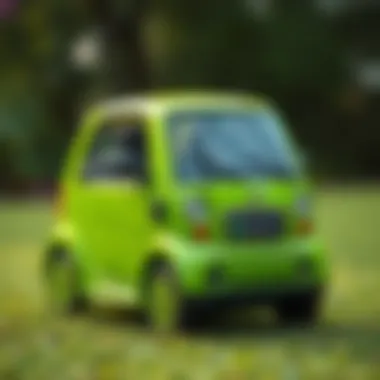 An electric small car parked in a green environment