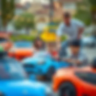 Parents supervising children playing with electric cars