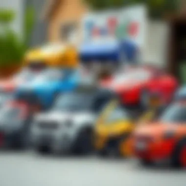 A variety of electric toy cars displayed together