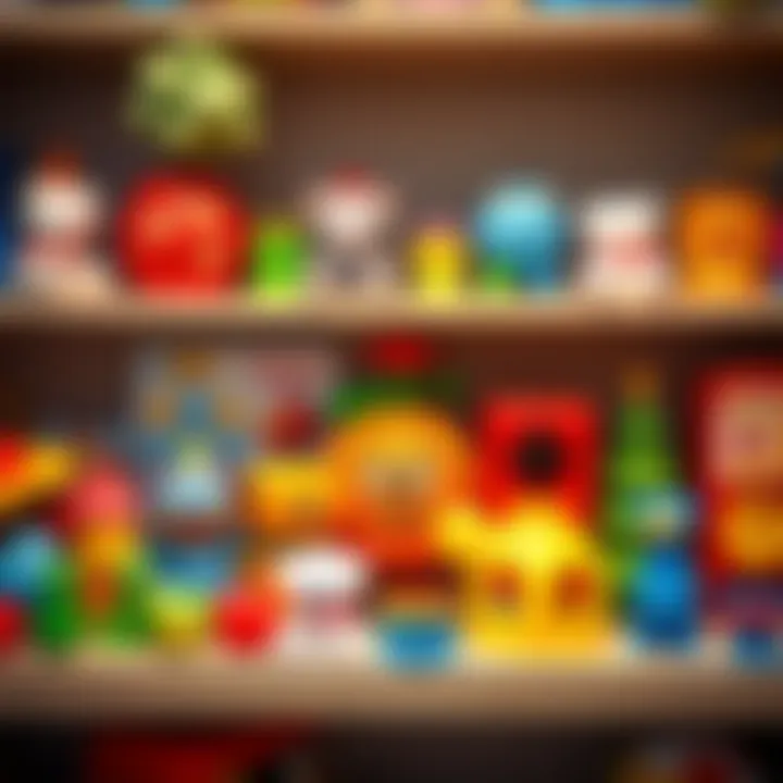 A variety of educational toys designed for infant boys displayed on a shelf.