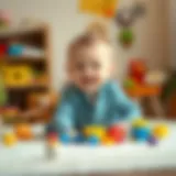 A joyful baby boy playing with colorful toys on a soft mat.