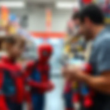 A family selecting Spider-Man toys in a store environment