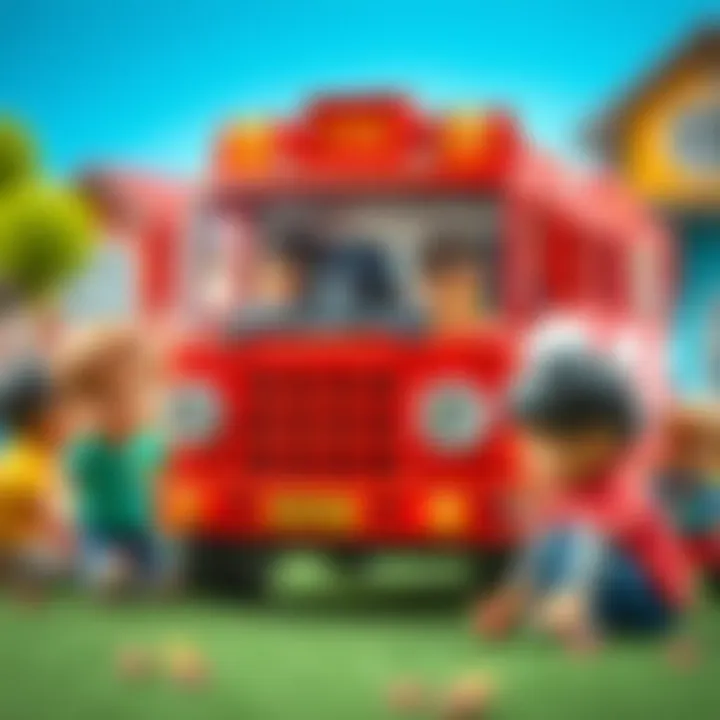 A fire truck toy surrounded by children playing