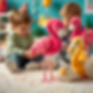 Playtime with Flamingo Plush Toys Children playing with colorful flamingo plush toys