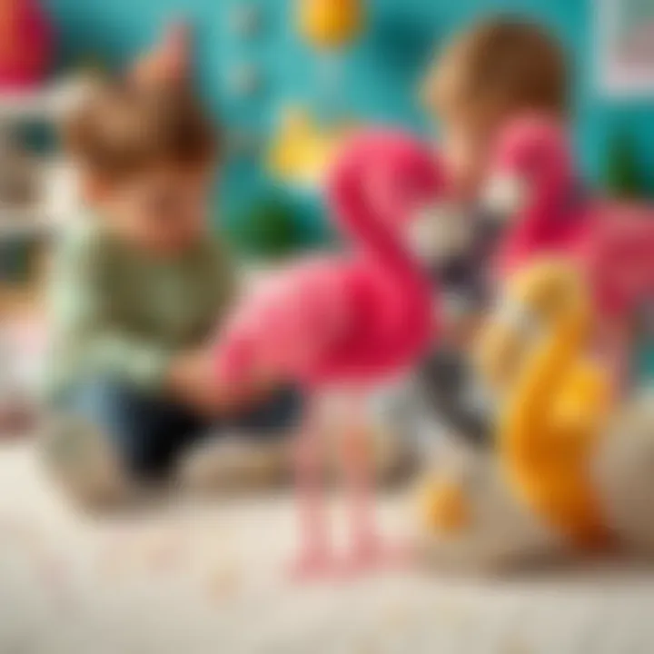 Playtime with Flamingo Plush Toys Children playing with colorful flamingo plush toys