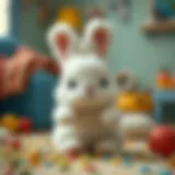 A fluffy rabbit toy in a playful environment
