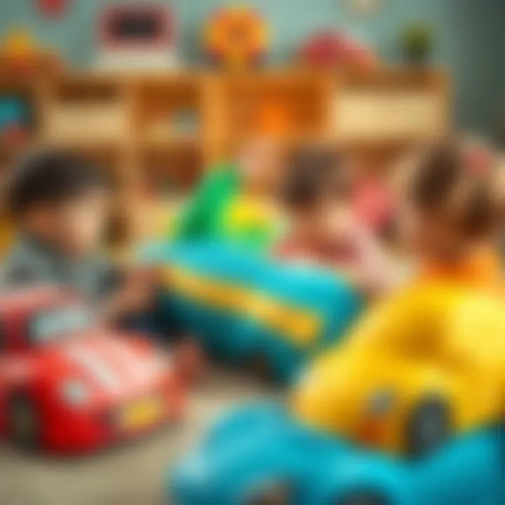 Children engaged in a group play session with car pillows, demonstrating social interaction.