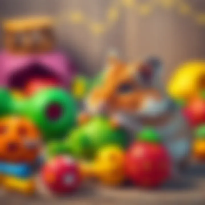 Hamster playing with chew toys