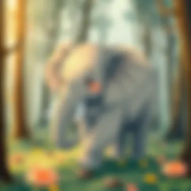 A serene illustration of a gentle elephant walking through a forest