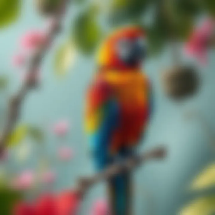 An intricate drawing of a colorful parrot perched on a branch