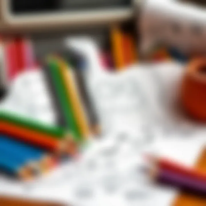 A beautifully arranged set of colored pencils and animal outlines