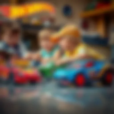A group of children joyfully playing with Hot Wheels cars.