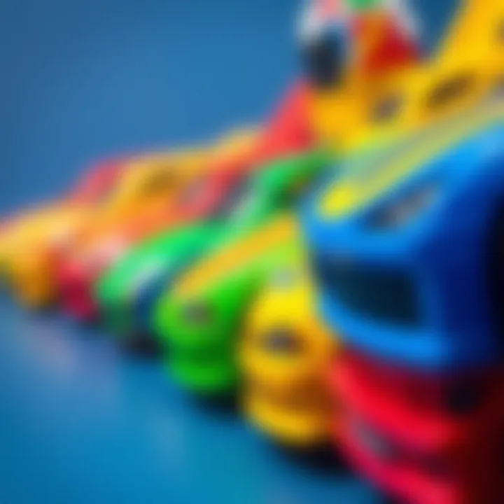 A close-up of colorful Hot Wheels cars lined up for a race