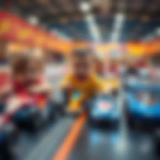 Excited children racing Hot Wheels cars on a track