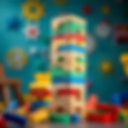 Jenga tower in play with colorful blocks